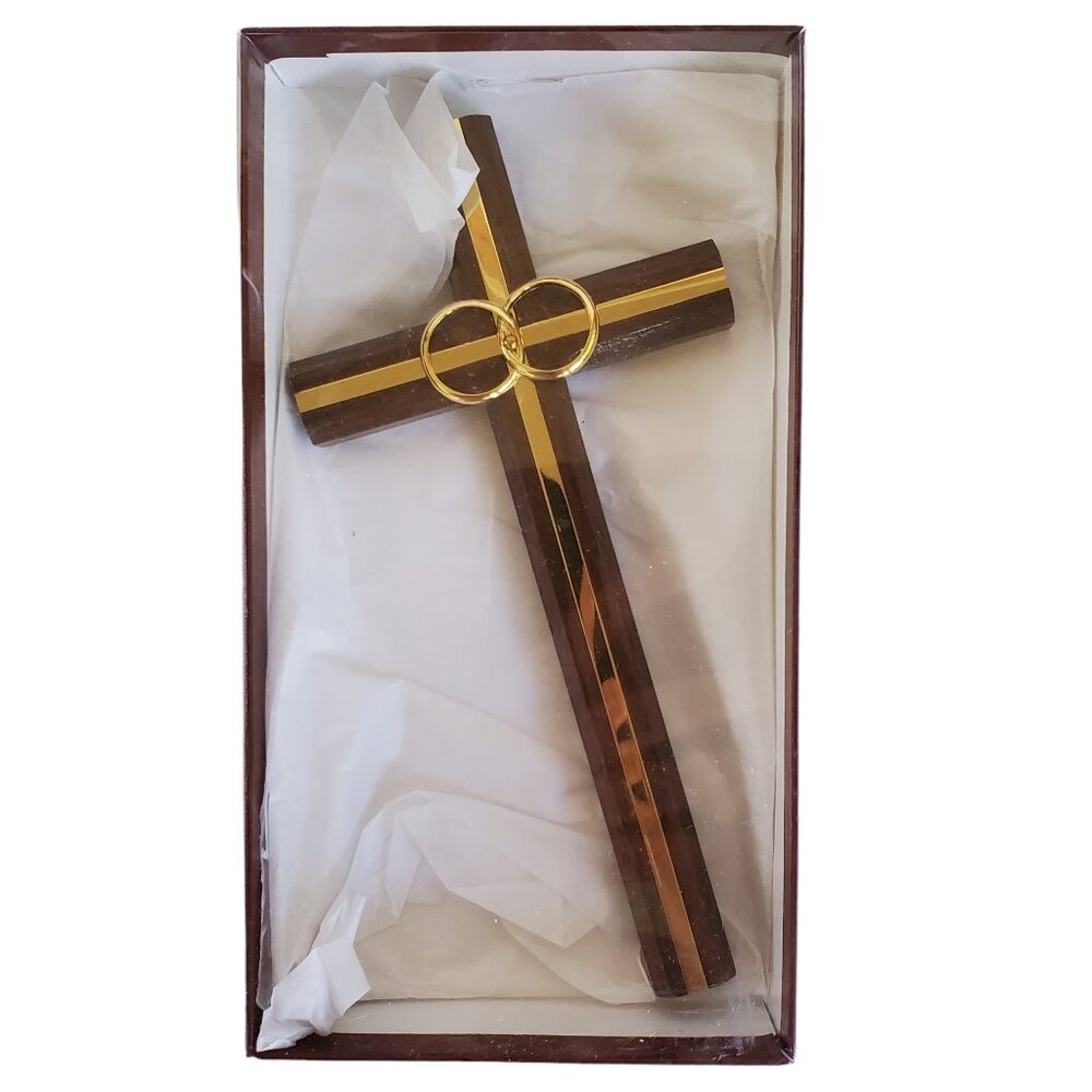 Wedding Marriage Cross Wood Wall Hanging Gold Inlay & Rings Religious 7.75"